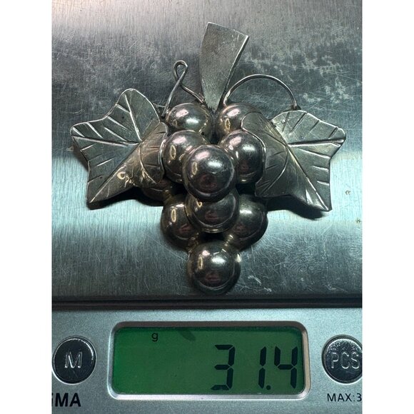 Estate Sterling Silver 925 Mexico Grape Cluster Leaf Brooch Pin, 31.4g, 63mm - Picture 8 of 8